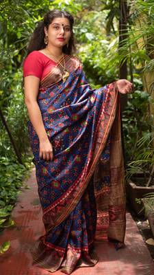 Multicolor Printed Tassar Silk Saree With Blouse 3