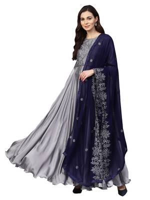 Grey Satin Silk Embroidered Kurta Dupatta Set 1