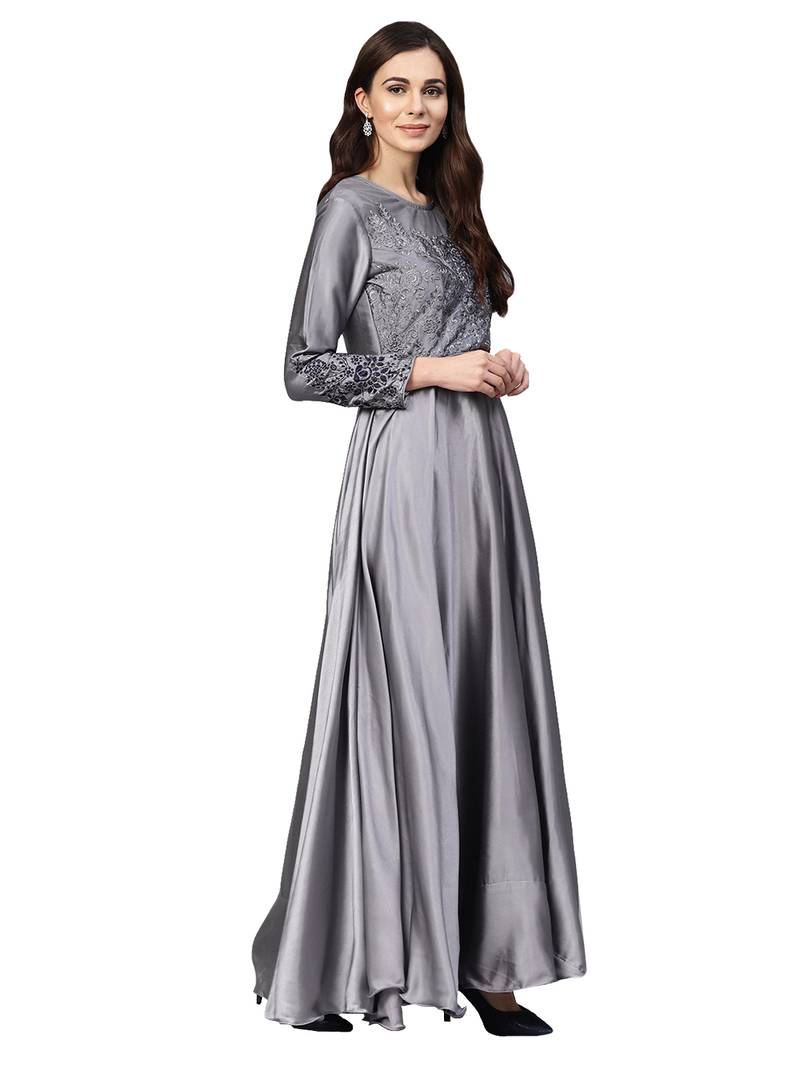 Grey Satin Silk Embroidered Kurta Dupatta Set