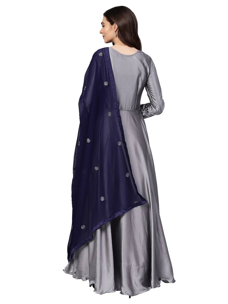 Grey Satin Silk Embroidered Kurta Dupatta Set