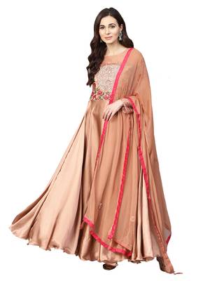 Rose Gold Satin Silk Embroidered Kurta Dupatta Set 1
