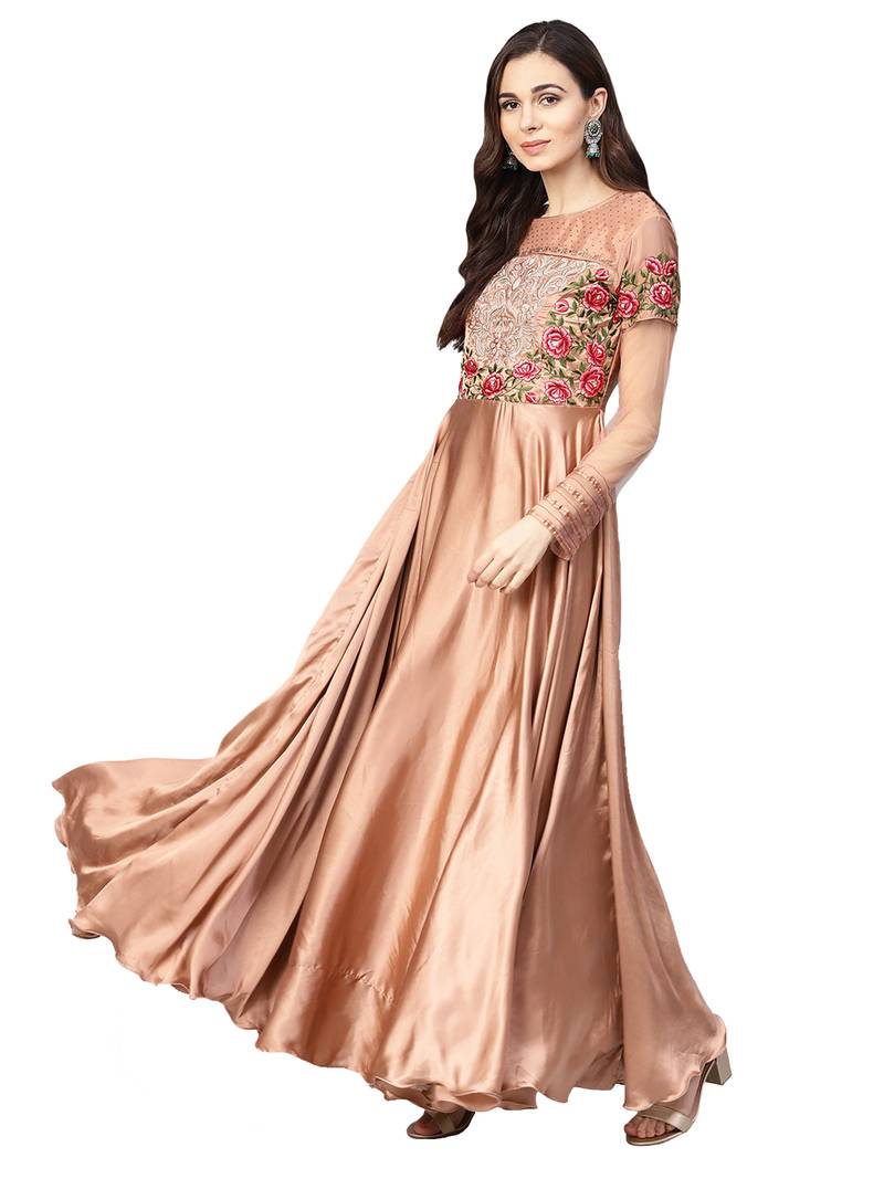 Rose Gold Satin Silk Embroidered Kurta Dupatta Set