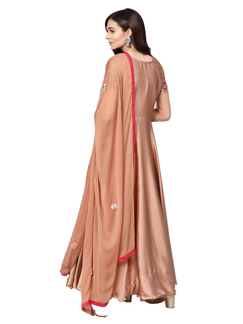 Rose Gold Satin Silk Embroidered Kurta Dupatta Set