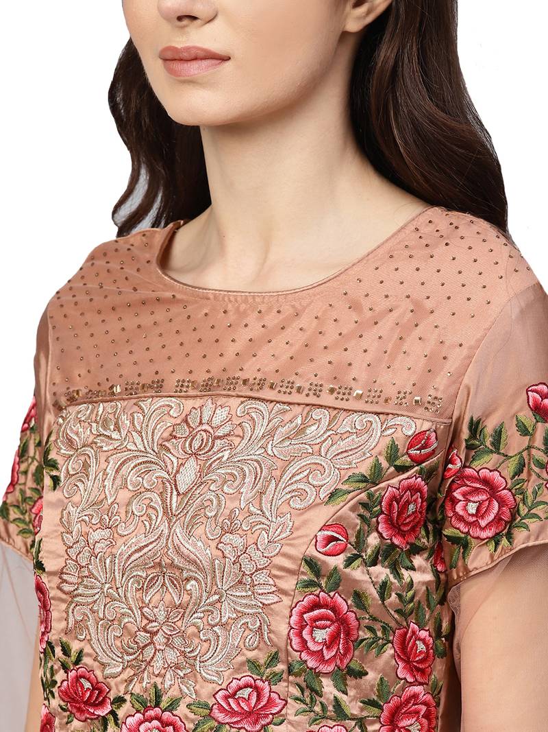 Rose Gold Satin Silk Embroidered Kurta Dupatta Set