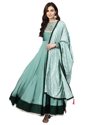 Green Silky Georgette Embroidered Kurta Dupatta Set 1