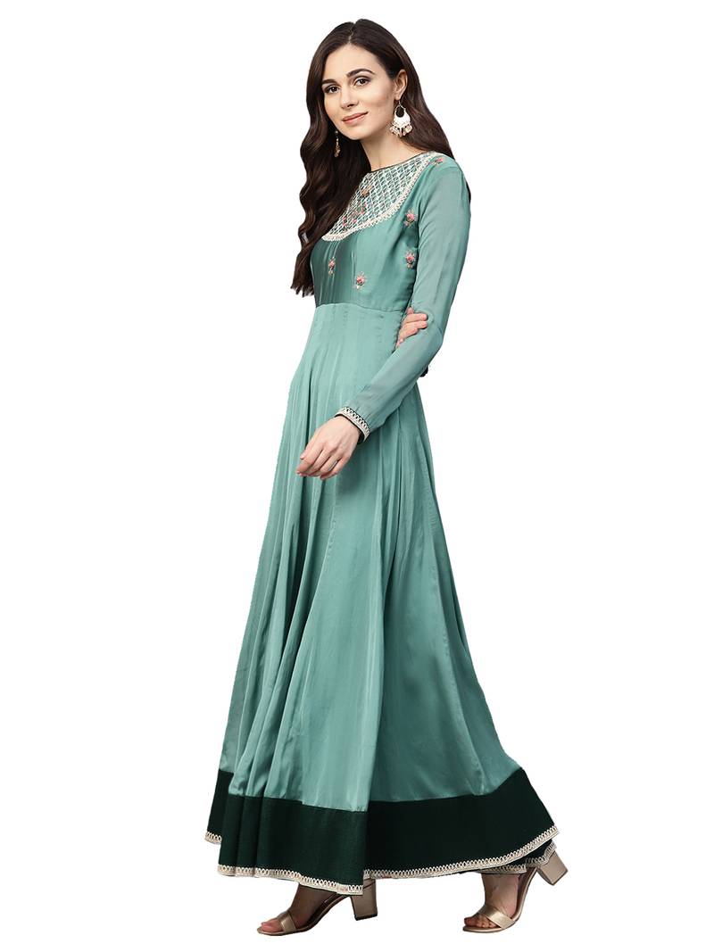 Green Silky Georgette Embroidered Kurta Dupatta Set