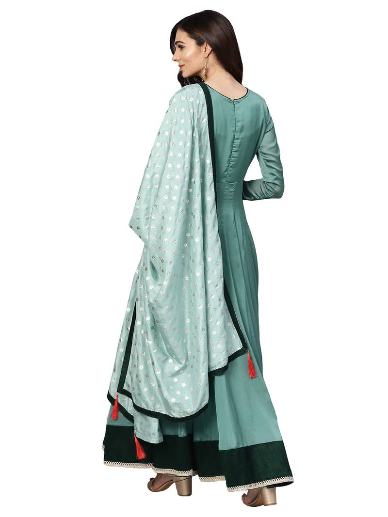 Green Silky Embroidered Kurta Dupatta Set Inddus 3014783