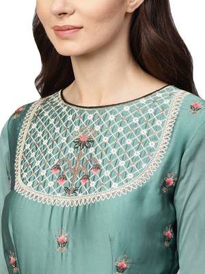 Green Silky Georgette Embroidered Kurta Dupatta Set 4