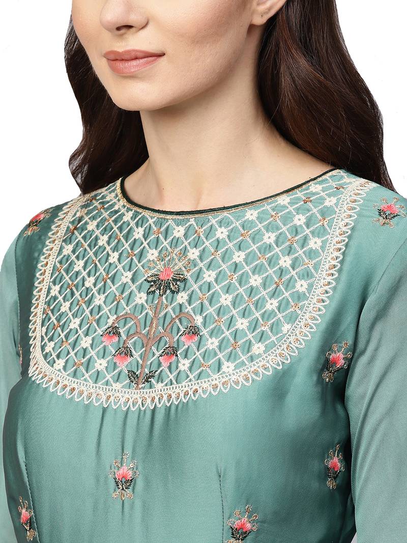 Green Silky Embroidered Kurta Dupatta Set Inddus 3014783