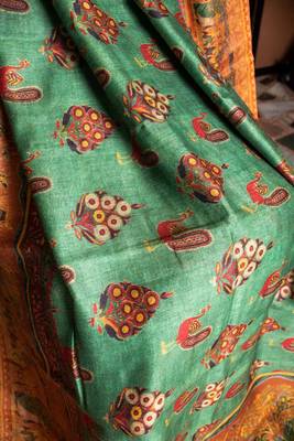 Multicolor Printed Tussar Silk Saree With Blouse 4