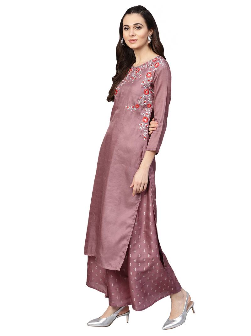 Purple Tussar Silk Embroidered Palazzo Kameez Dupatta