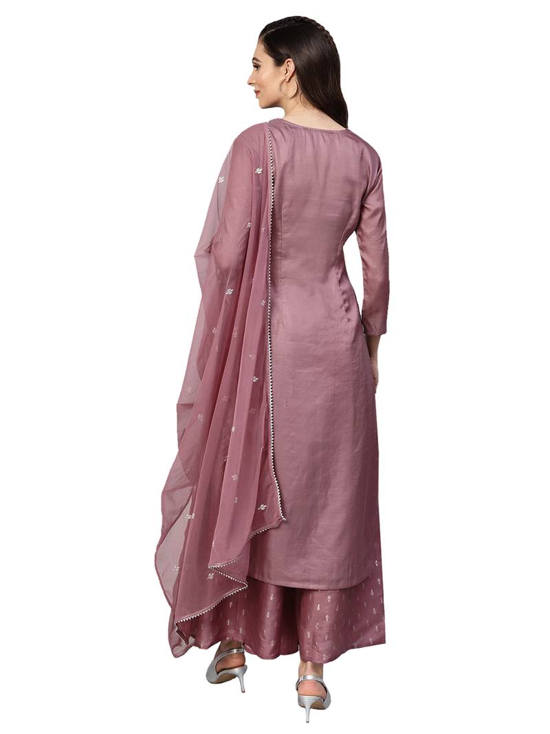 Purple Tussar Silk Embroidered Palazzo Kameez Dupatta