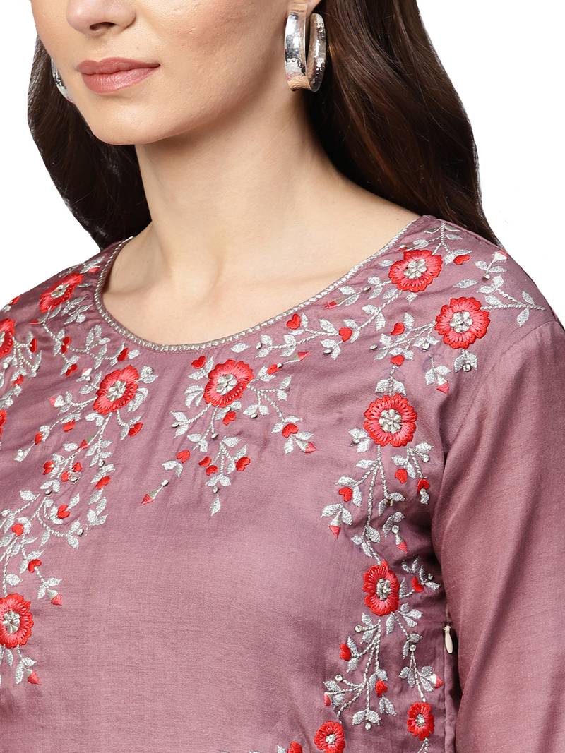 Purple Tussar Silk Embroidered Palazzo Kameez Dupatta