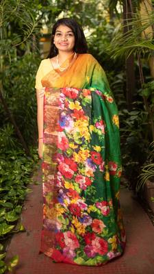 Multicolor Printed Linen Saree With Blouse 1