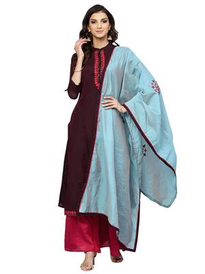 Purple Chanderi Cotton Embroidered Palazzo Kameez Dupatta 1