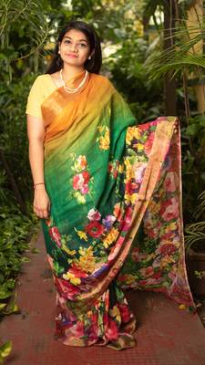 Multicolor Printed Linen Saree With Blouse 2