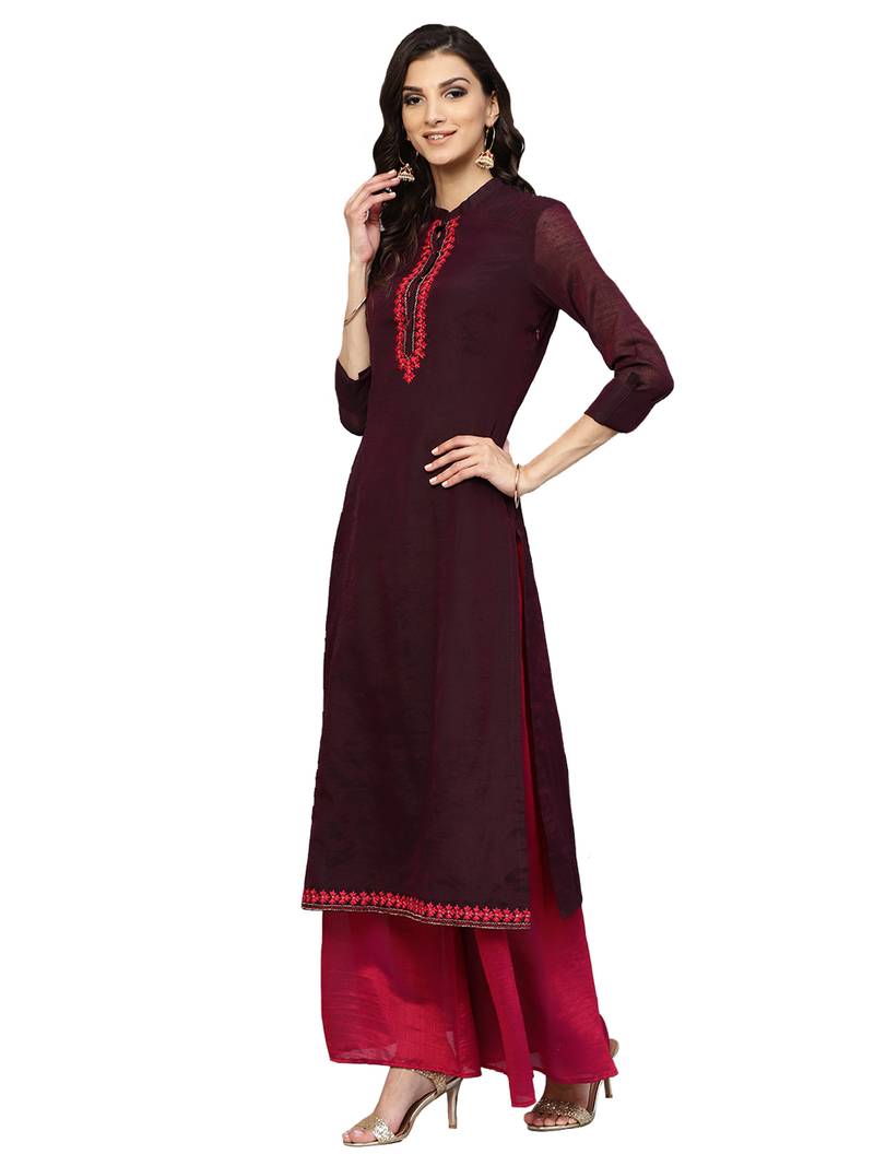 Purple Chanderi Cotton Embroidered Palazzo Kameez Dupatta