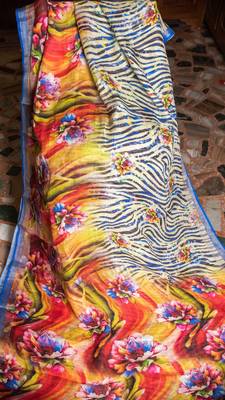 Multicolor Printed Linen Saree With Blouse 3