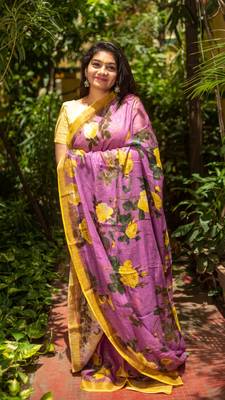 Multicolor Printed Linen Saree With Blouse 1
