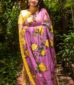 Multicolor Printed Linen Saree With Blouse
