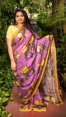 Multicolor Printed Linen Saree With Blouse 2