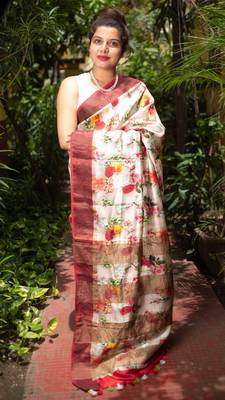 Multicolor Printed Mulberry Tassar Silk Saree With Blouse 1