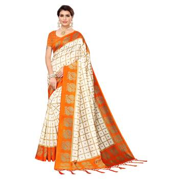 Orange printed art silk saree with blouse 1