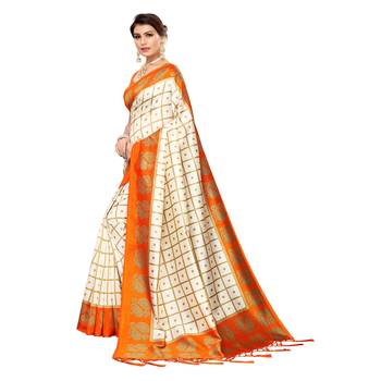 Orange printed art silk saree with blouse 2