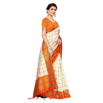 Orange printed art silk saree with blouse 3