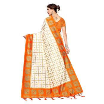 Orange printed art silk saree with blouse 4