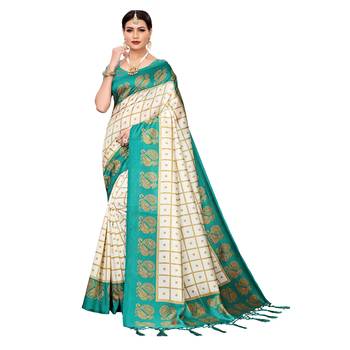 Green printed art silk saree with blouse 1