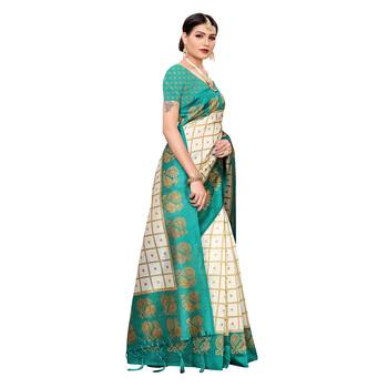 Green printed art silk saree with blouse 3