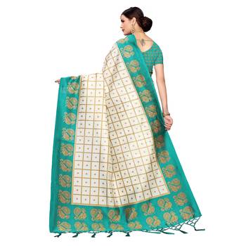 Green printed art silk saree with blouse 4