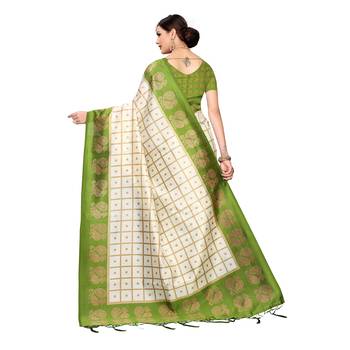 Light green printed art silk saree with blouse 4