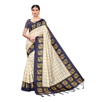 Navy blue printed art silk saree with blouse 1