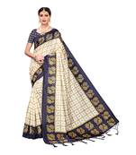 Navy blue printed art silk saree with blouse