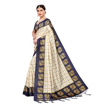 Navy blue printed art silk saree with blouse 2