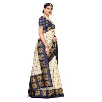 Navy blue printed art silk saree with blouse 3