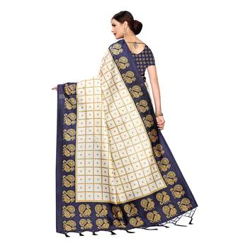 Navy blue printed art silk saree with blouse 4