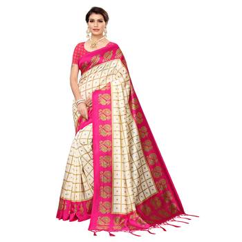 Pink printed art silk saree with blouse 1