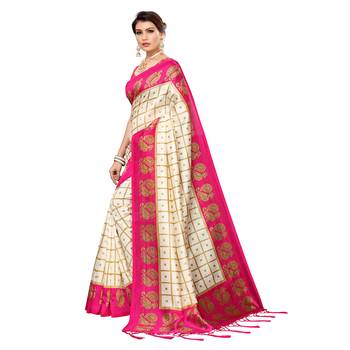 Pink printed art silk saree with blouse 2