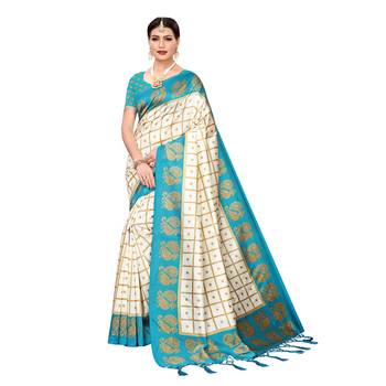 Blue printed art silk saree with blouse 1