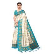 Blue printed art silk saree with blouse