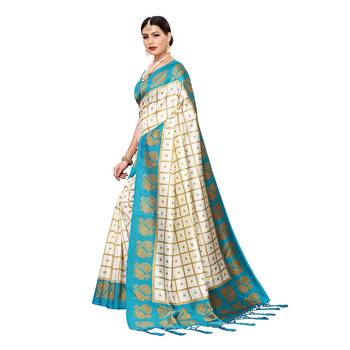 Blue printed art silk saree with blouse 2