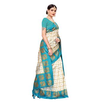 Blue printed art silk saree with blouse 3
