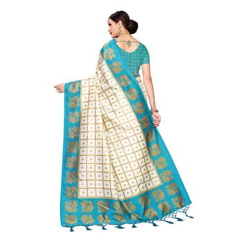 Blue printed art silk saree with blouse 4