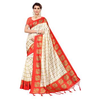 Red printed art silk saree with blouse 1