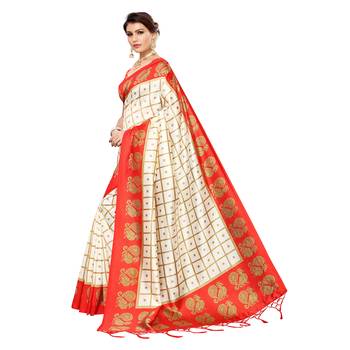 Red printed art silk saree with blouse 2