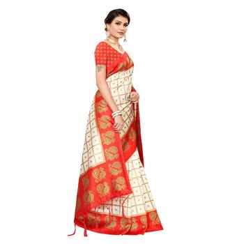 Red printed art silk saree with blouse 3