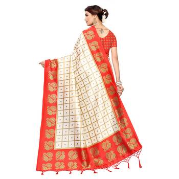 Red printed art silk saree with blouse 4
